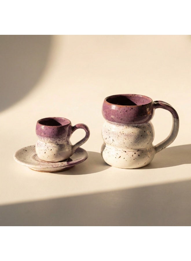 CASA HOME pottery mug and espresso cup with saucer, purple and white speckled coffee set for home kitchen or office desk - Image 1